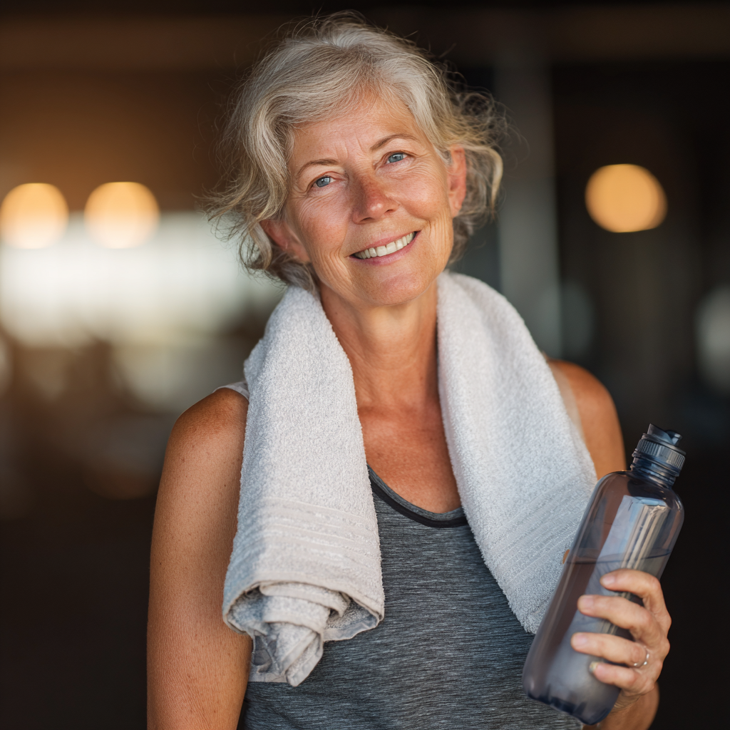Жінка 52 років усміхається після завершення тренування, тримаючи рушник та пляшку води