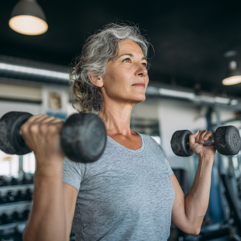 Енергійна жінка 55 років виконує силові вправи з гантелями у сучасному спортзалі