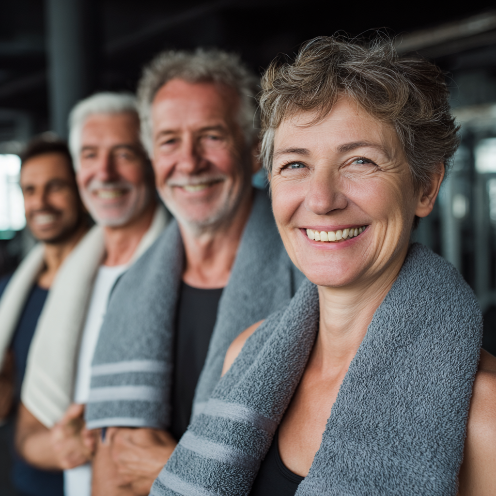 Група людей віком 50-60 років після тренування, усміхаються та тримають рушники, демонструючи позитивний настрій та задоволення від занять