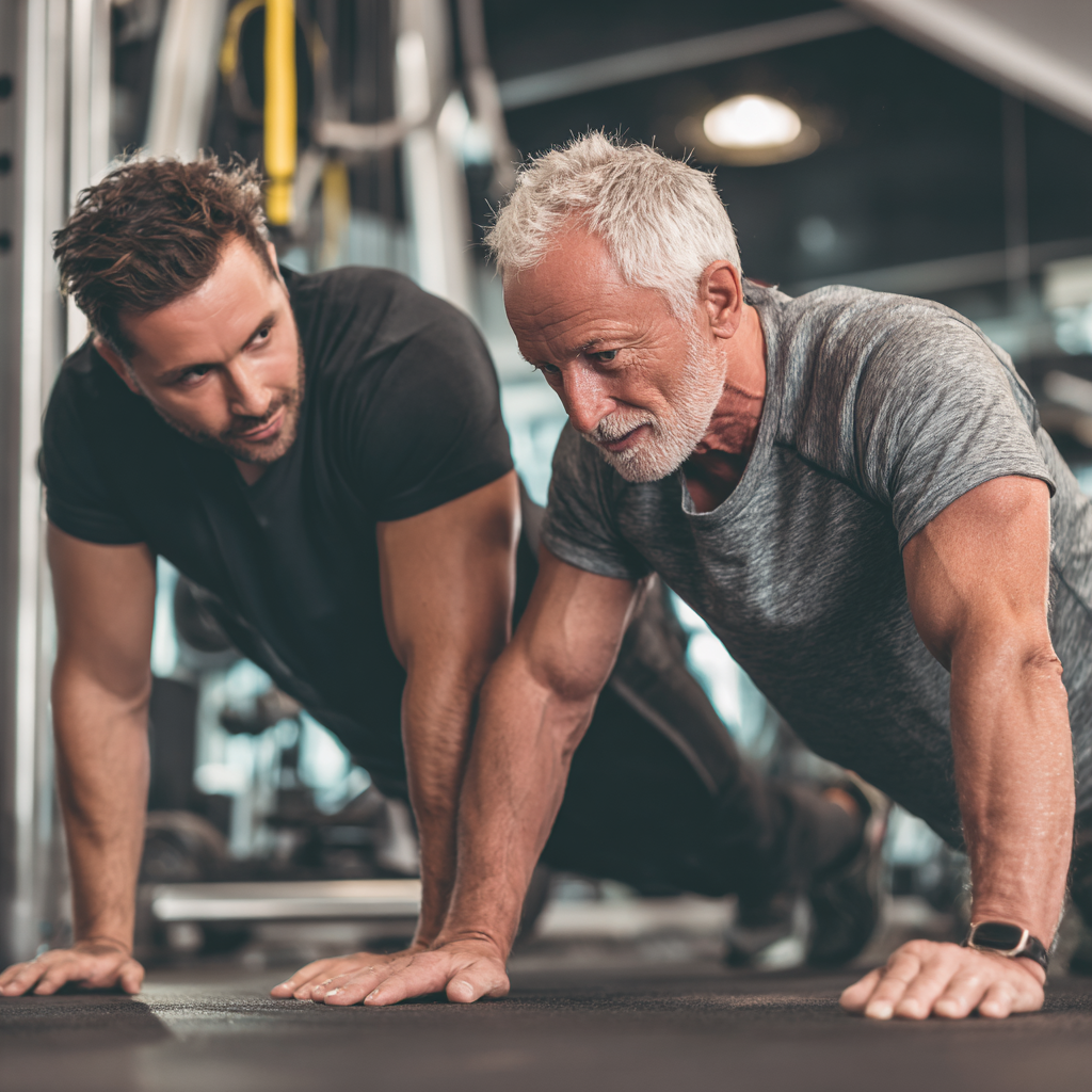 Персональний тренер працює з чоловіком 58 років, показуючи правильну техніку виконання вправ у спортзалі
